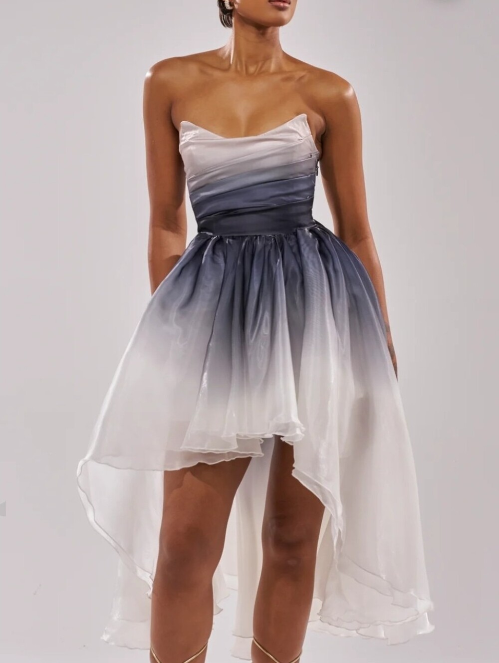 Strapless Ombre High-Low Dress in White to Gray Xl